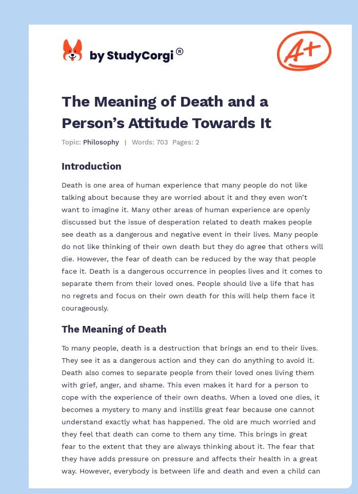 The Meaning of Death and a Person’s Attitude Towards It. Page 1