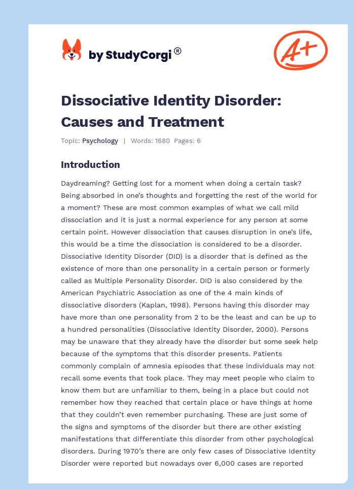 Dissociative Identity Disorder: Causes and Treatment. Page 1