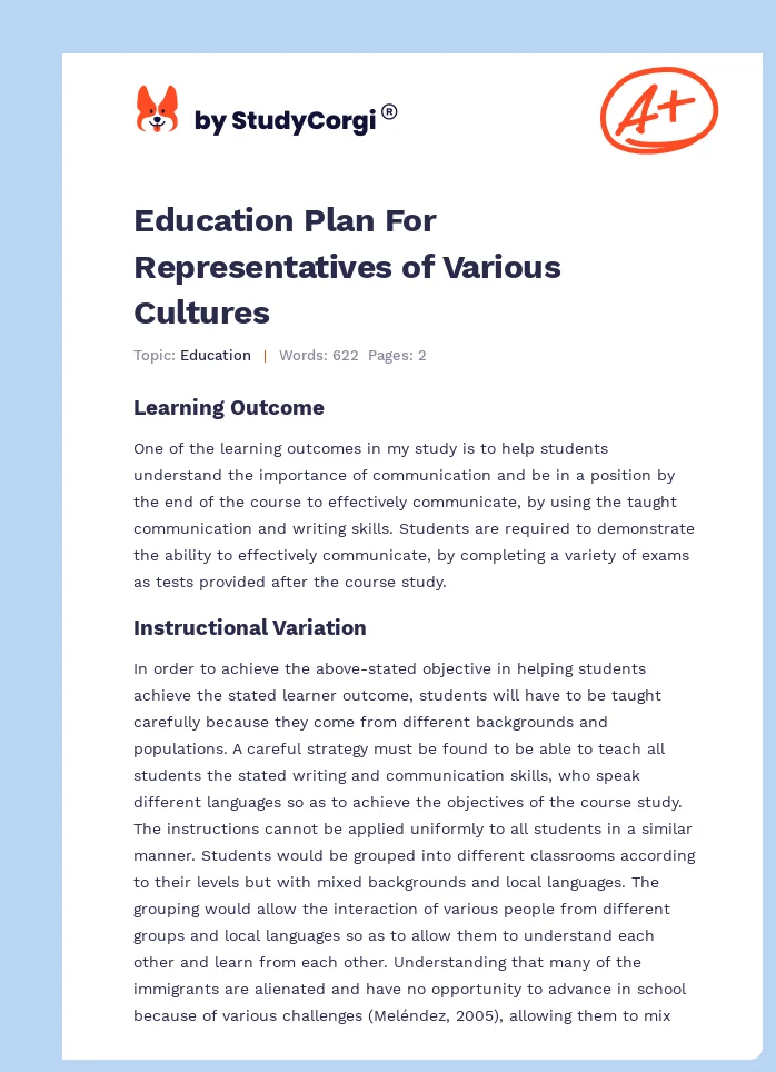 Education Plan For Representatives of Various Cultures. Page 1