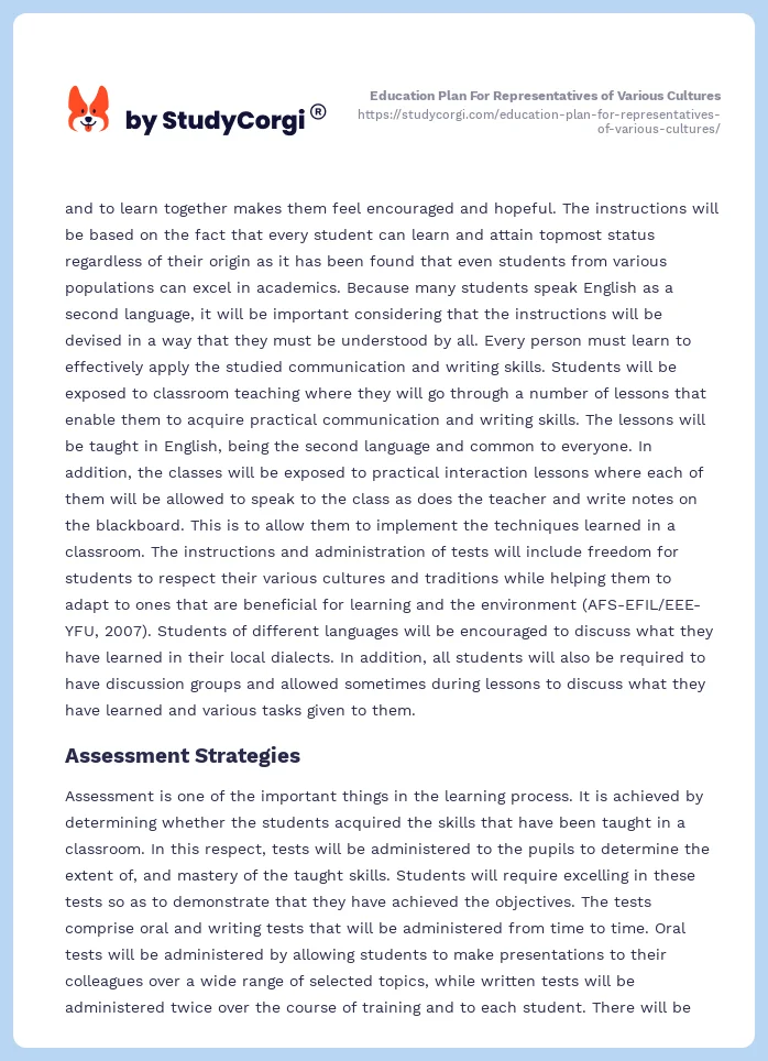 Education Plan For Representatives of Various Cultures. Page 2