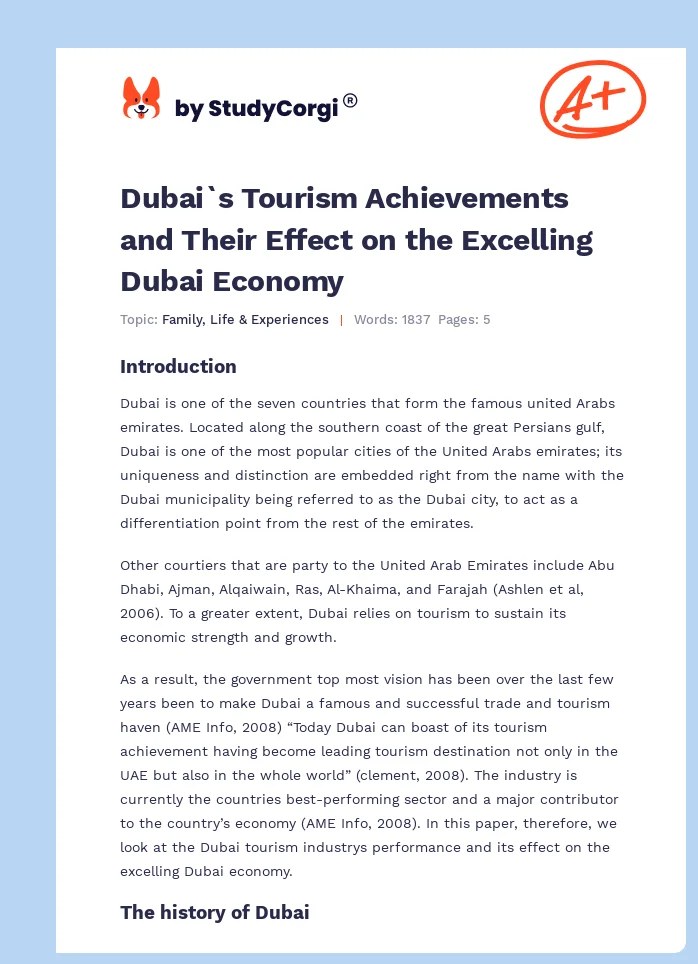 Dubai`s Tourism Achievements and Their Effect on the Excelling Dubai Economy. Page 1