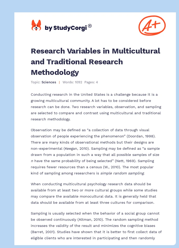 Research Variables in Multicultural and Traditional Research Methodology. Page 1