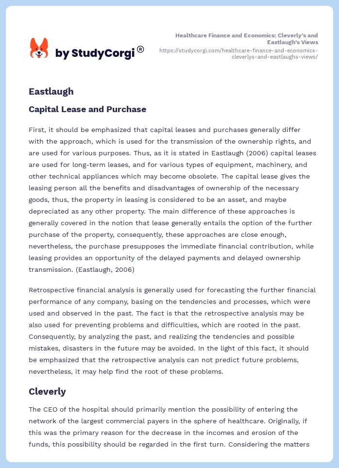 Healthcare Finance and Economics: Cleverly’s and Eastlaugh’s Views. Page 2