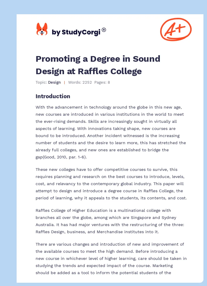 Promoting a Degree in Sound Design at Raffles College. Page 1