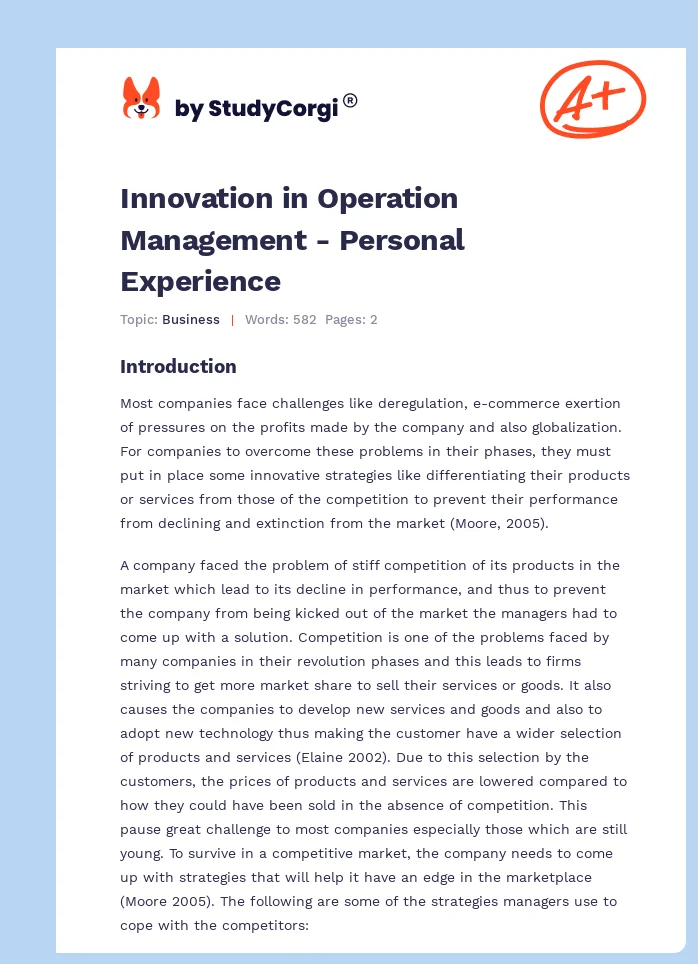 Innovation in Operation Management - Personal Experience. Page 1