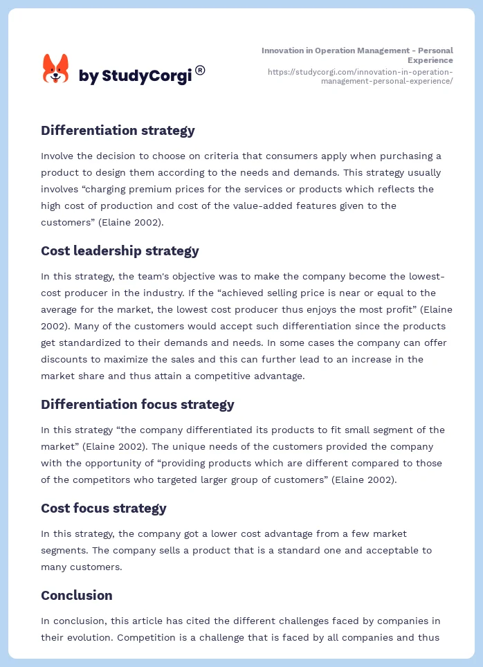 Innovation in Operation Management - Personal Experience. Page 2