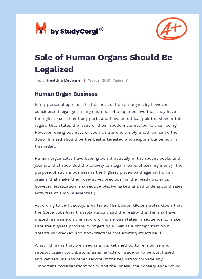 Sale of Human Organs Should Be Legalized. Page 1