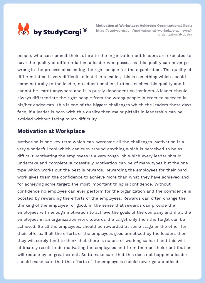Motivation at Workplace: Achieving Organizational Goals. Page 2