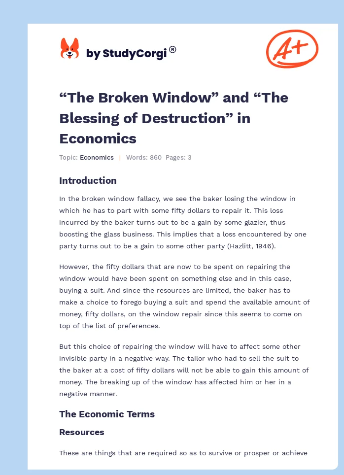 “The Broken Window” and “The Blessing of Destruction” in Economics. Page 1
