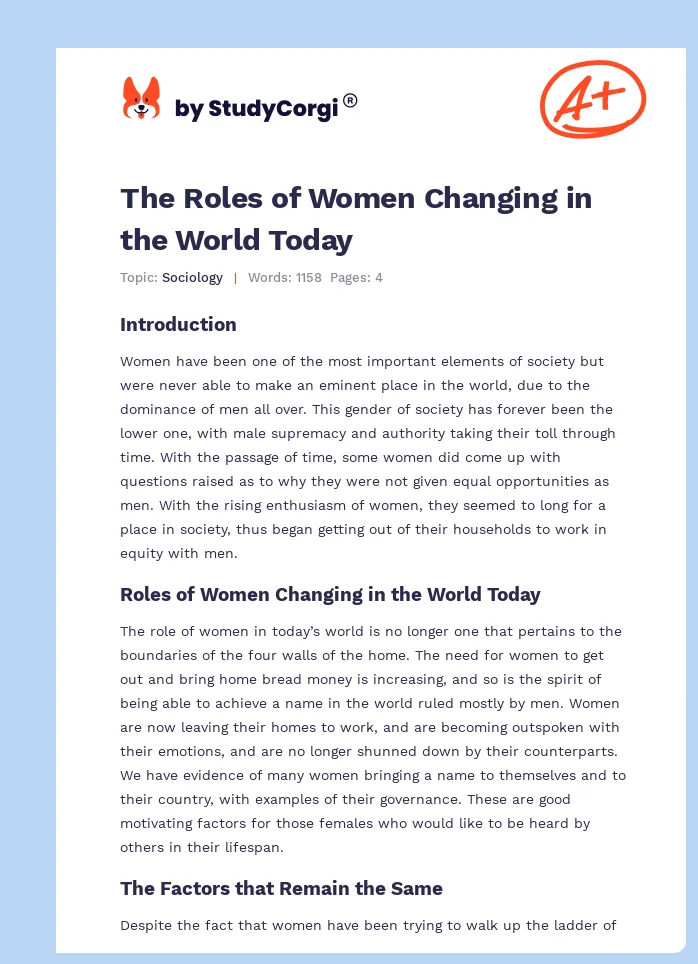 The Roles of Women Changing in the World Today. Page 1