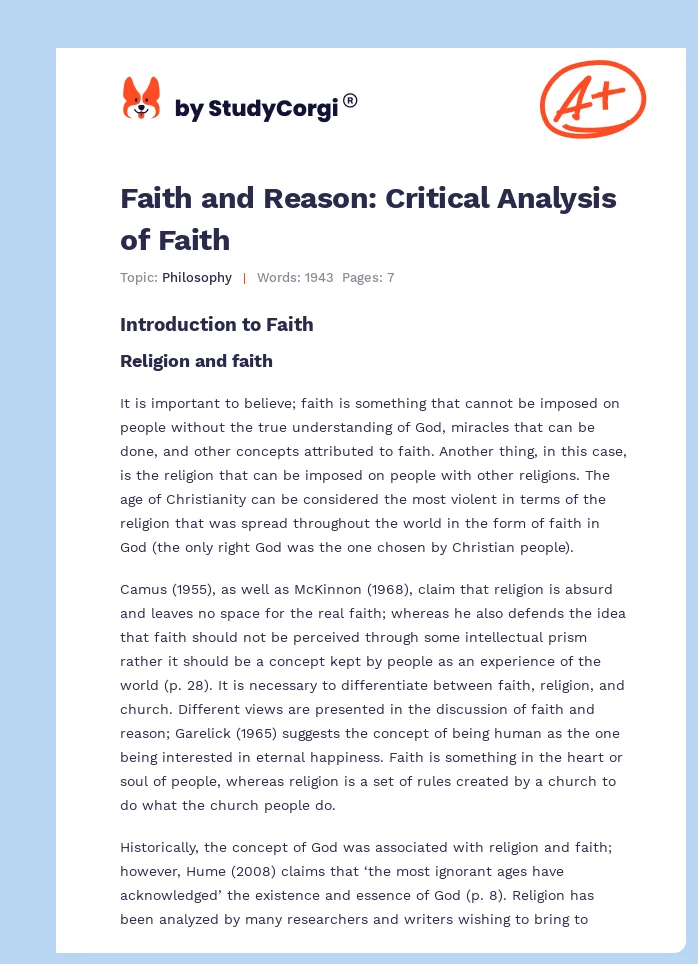 Faith and Reason: Critical Analysis of Faith. Page 1