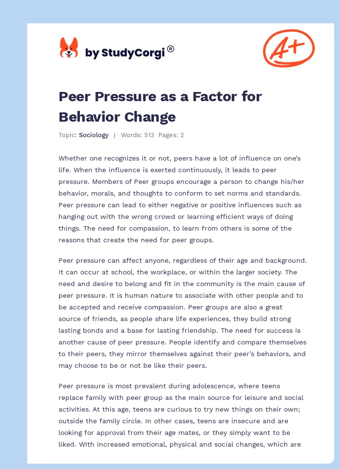 Peer Pressure as a Factor for Behavior Change. Page 1