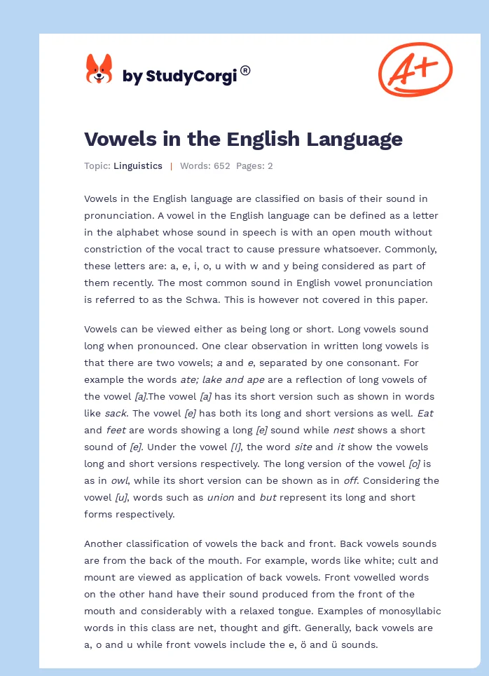 Vowels in the English Language. Page 1