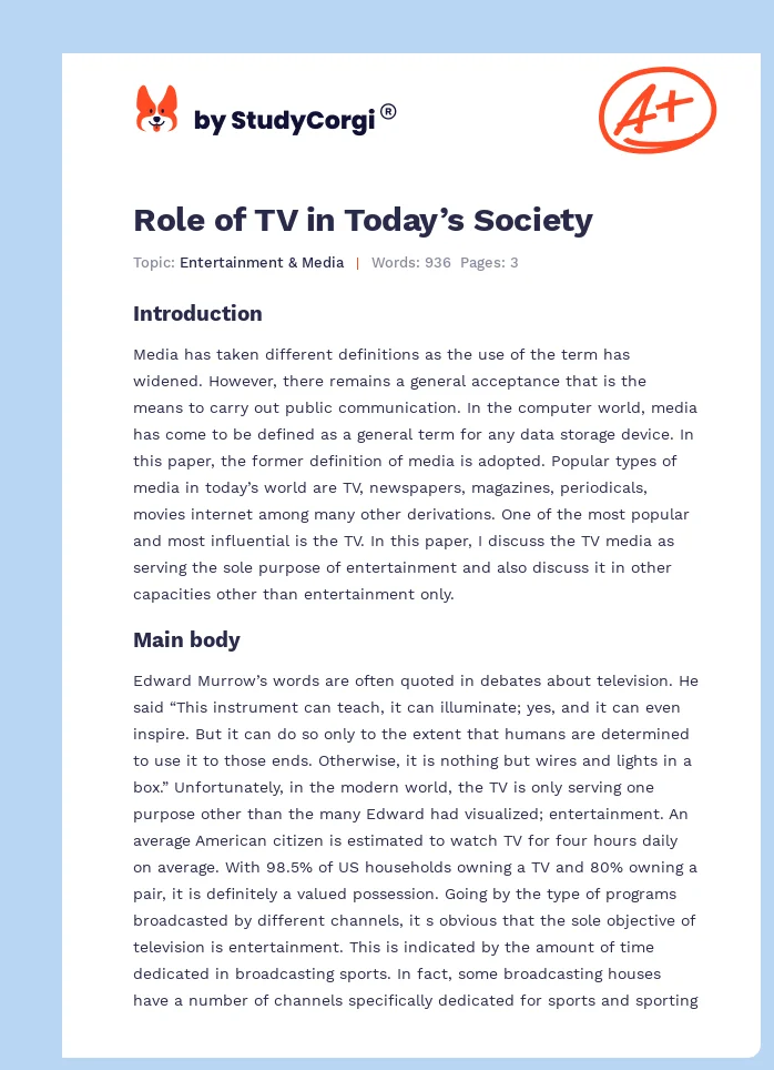 Role of TV in Today’s Society. Page 1