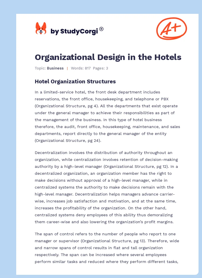 Organizational Design in the Hotels. Page 1