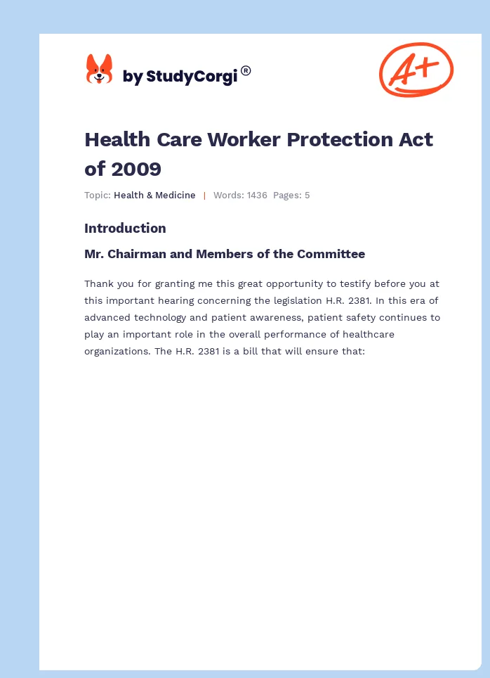 Health Care Worker Protection Act of 2009. Page 1