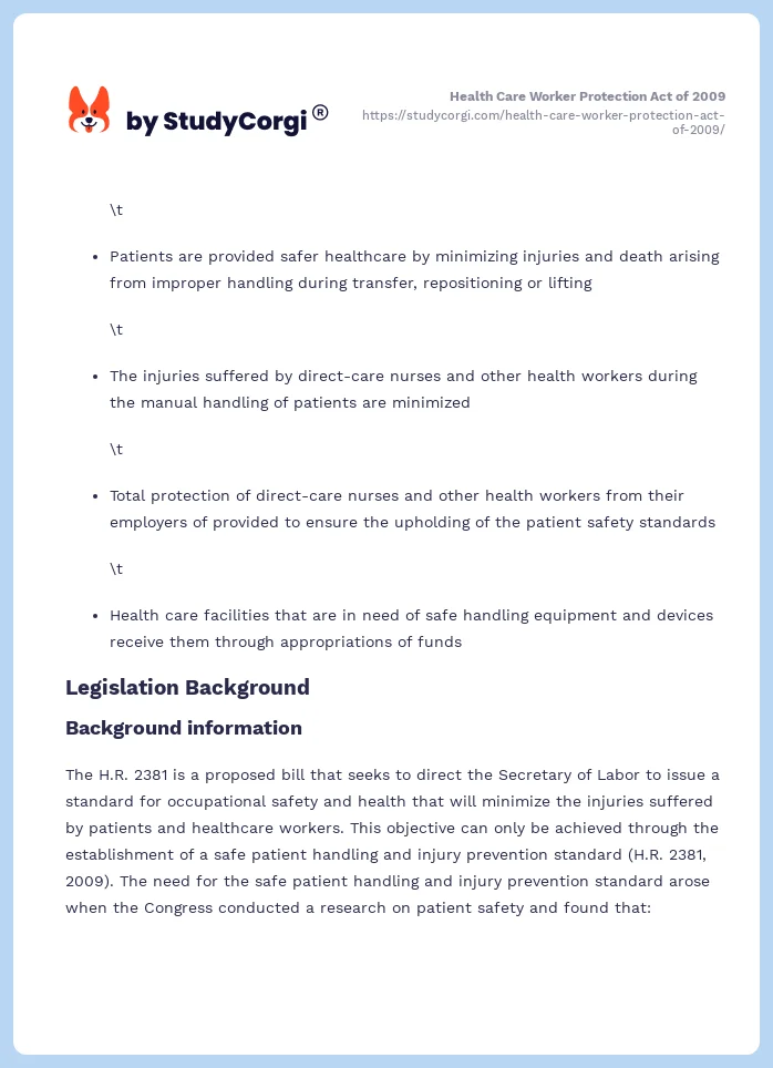 Health Care Worker Protection Act of 2009. Page 2