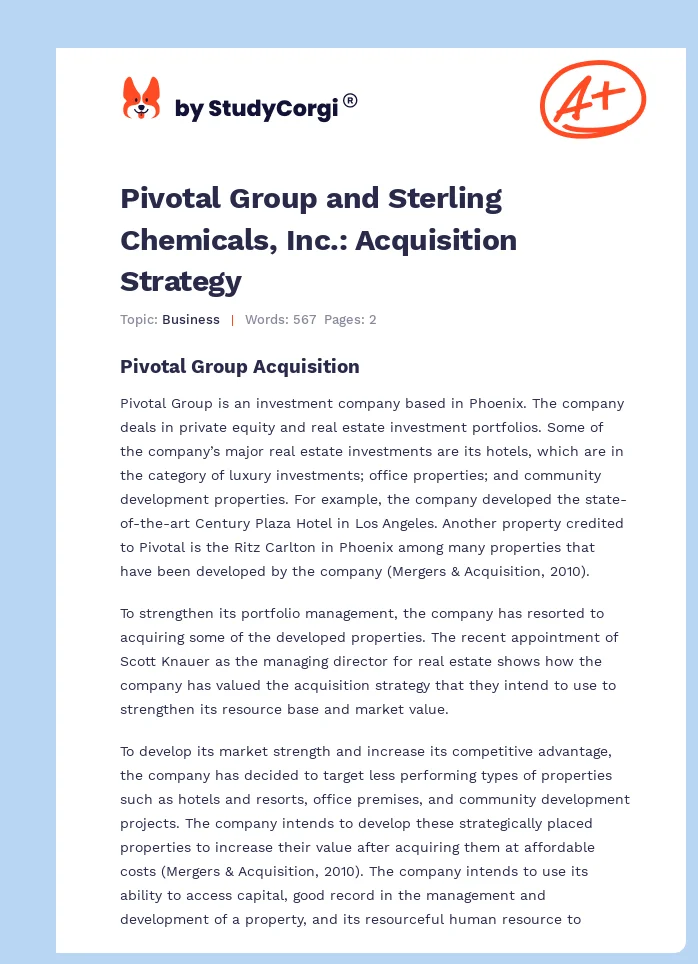 Pivotal Group and Sterling Chemicals, Inc.: Acquisition Strategy. Page 1