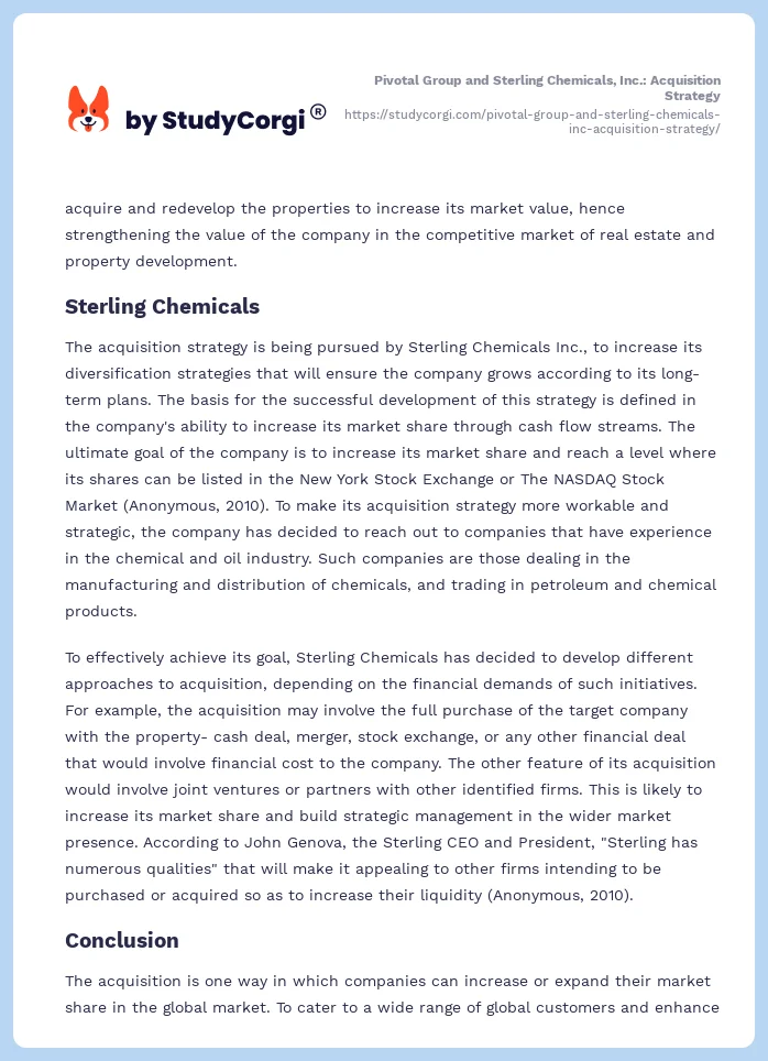 Pivotal Group and Sterling Chemicals, Inc.: Acquisition Strategy. Page 2