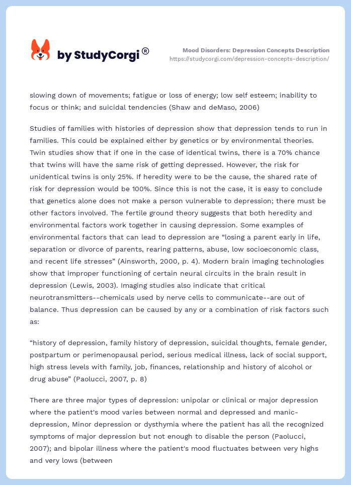Mood Disorders: Depression Concepts Description. Page 2