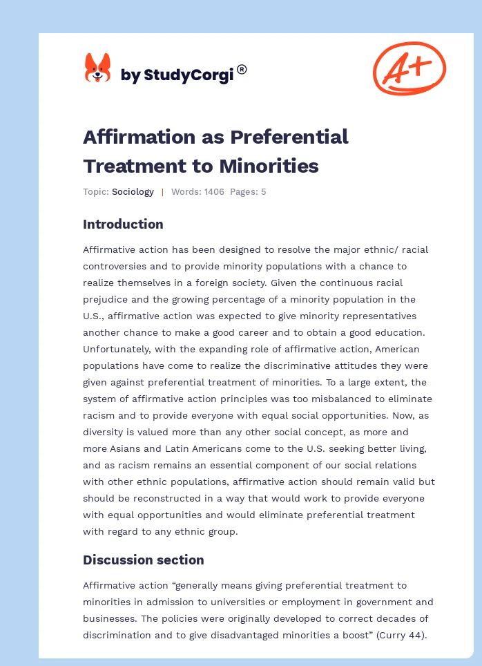 Affirmation as Preferential Treatment to Minorities. Page 1