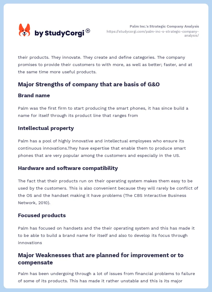 Palm Inc.'s Strategic Company Analysis. Page 2