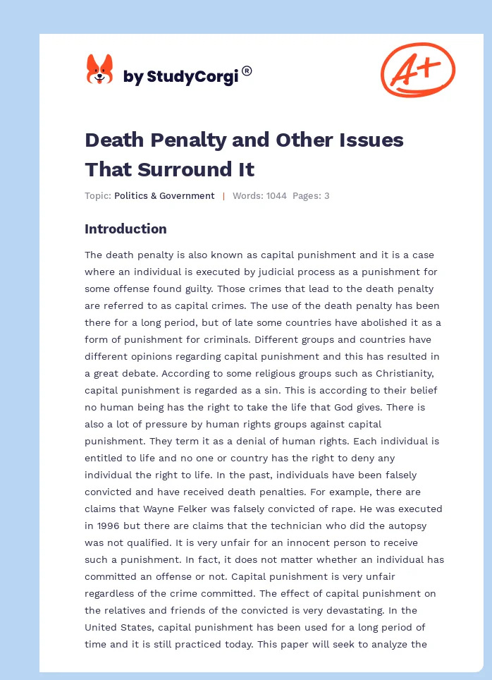 Death Penalty and Other Issues That Surround It. Page 1