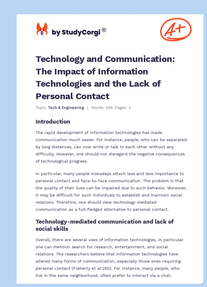 Technology and Communication: The Impact of Information Technologies and the Lack of Personal Contact. Page 1