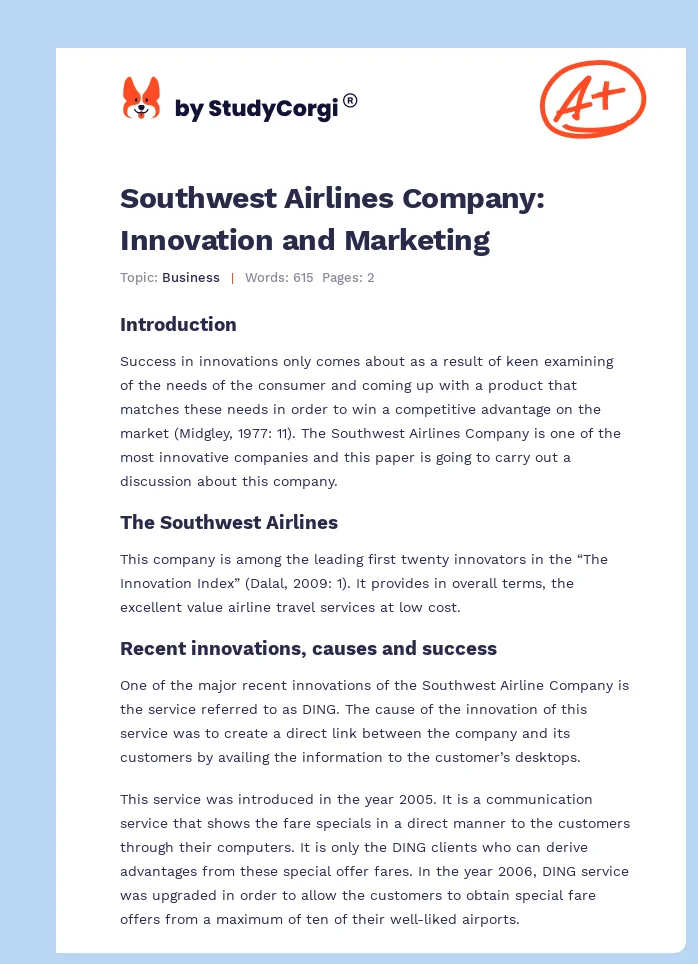 Southwest Airlines Company: Innovation and Marketing. Page 1