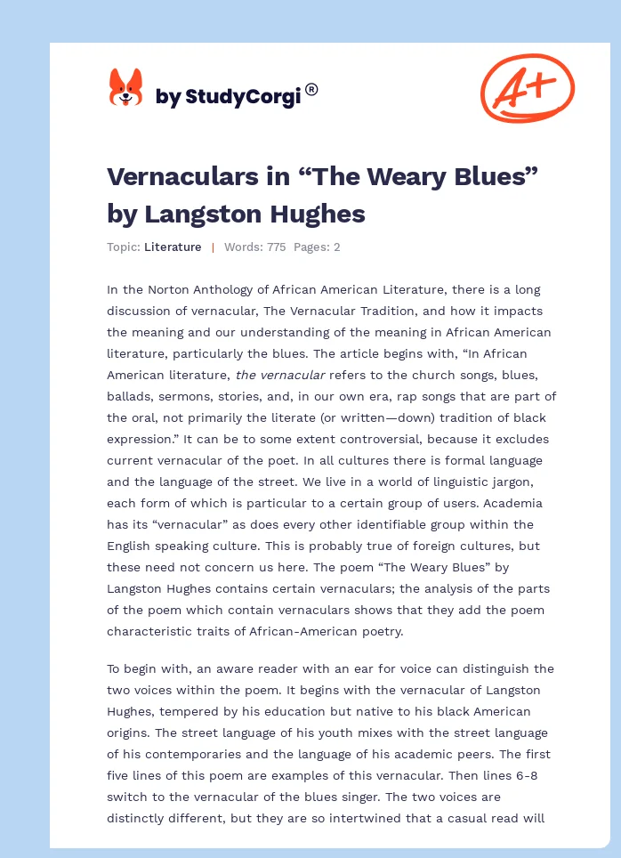 Vernaculars in “The Weary Blues” by Langston Hughes. Page 1