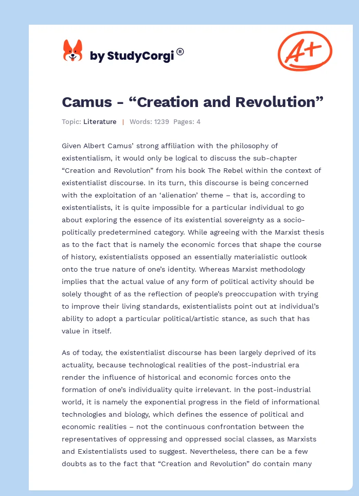 Camus - “Creation and Revolution”. Page 1