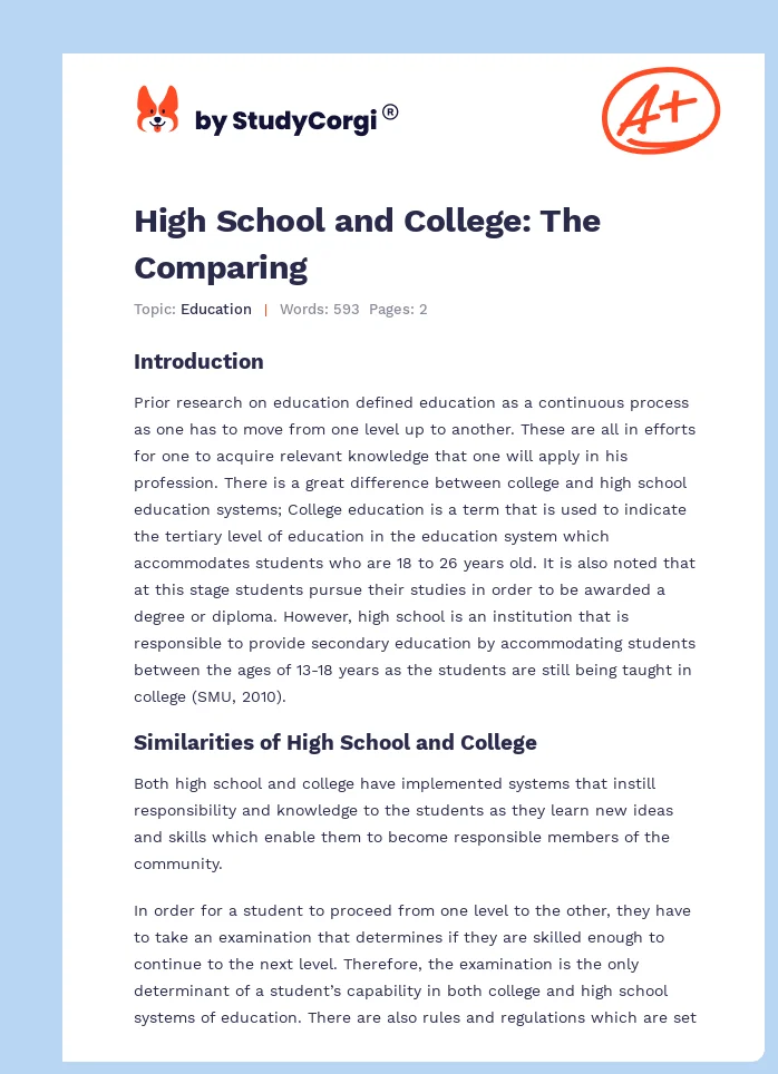 High School and College: The Comparing. Page 1