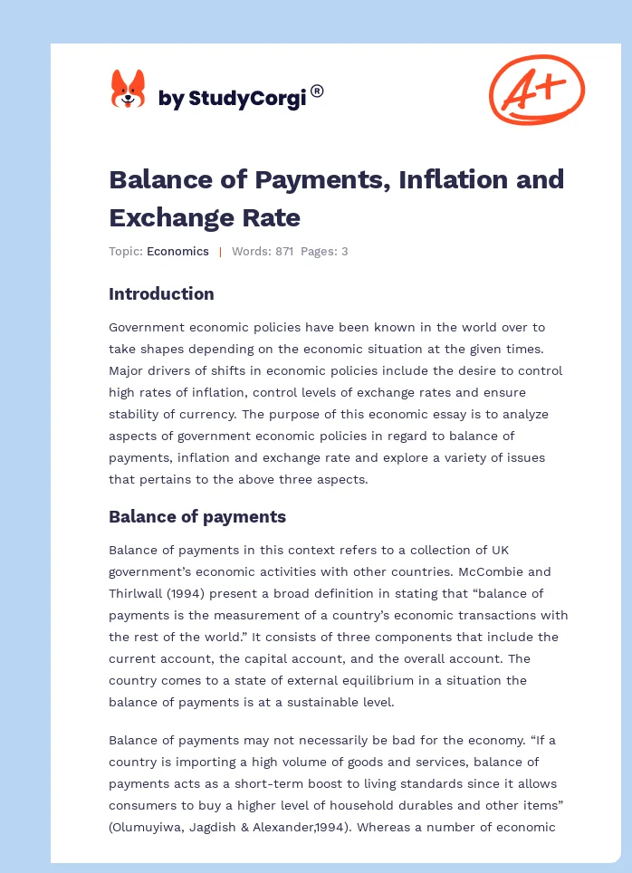 Balance of Payments, Inflation and Exchange Rate. Page 1
