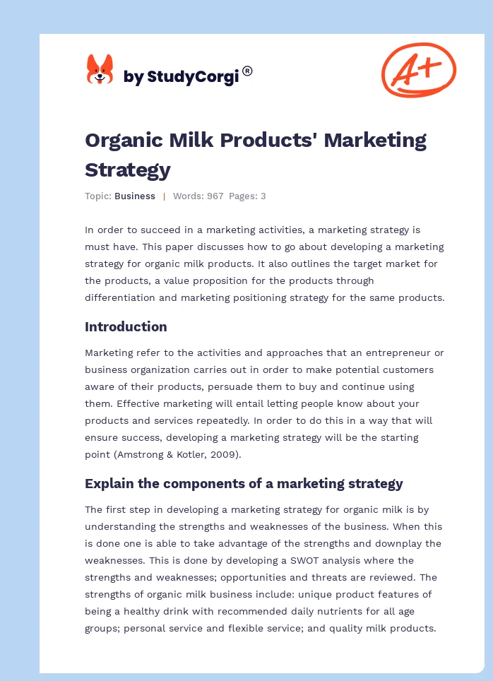 Organic Milk Products' Marketing Strategy. Page 1