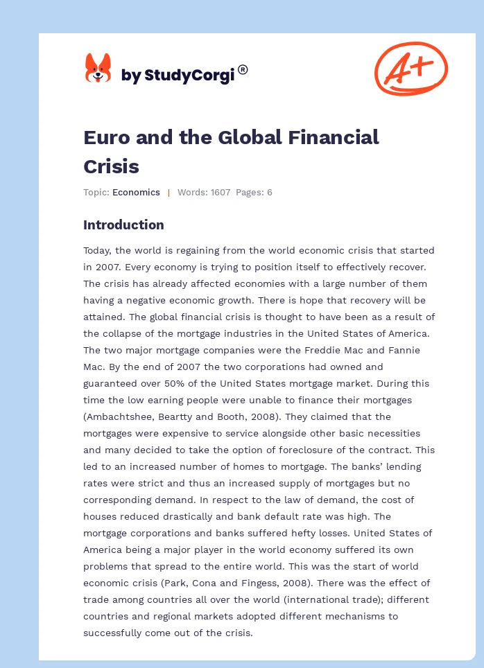 Euro and the Global Financial Crisis. Page 1
