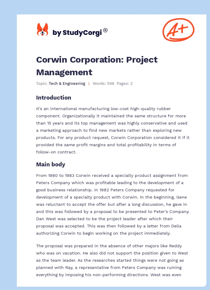 Corwin Corporation: Project Management. Page 1