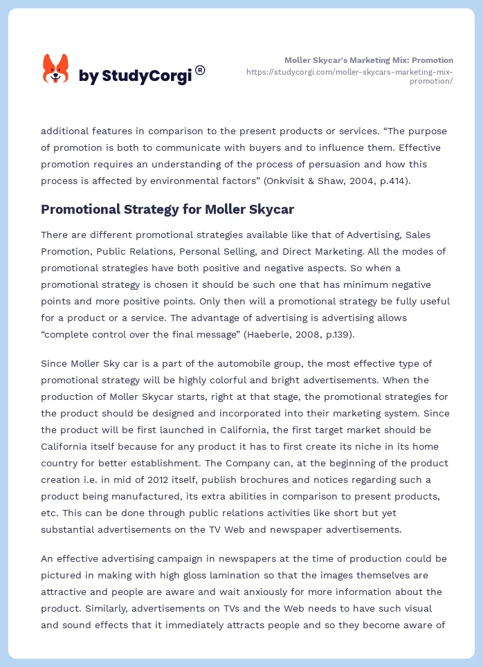 Moller Skycar's Marketing Mix: Promotion. Page 2