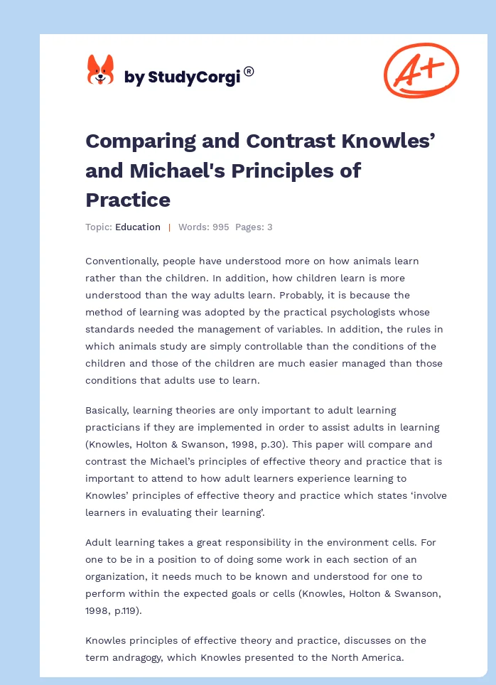 Comparing and Contrast Knowles’ and Michael's Principles of Practice. Page 1