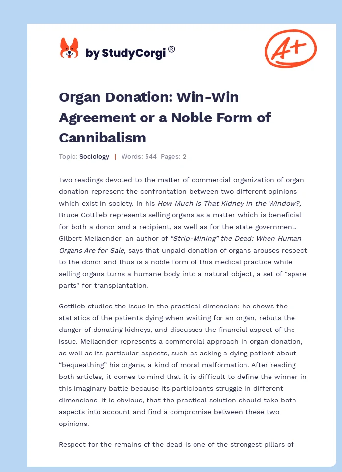 Organ Donation: Win-Win Agreement or a Noble Form of Cannibalism. Page 1