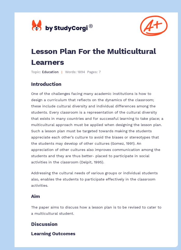 Lesson Plan For the Multicultural Learners. Page 1