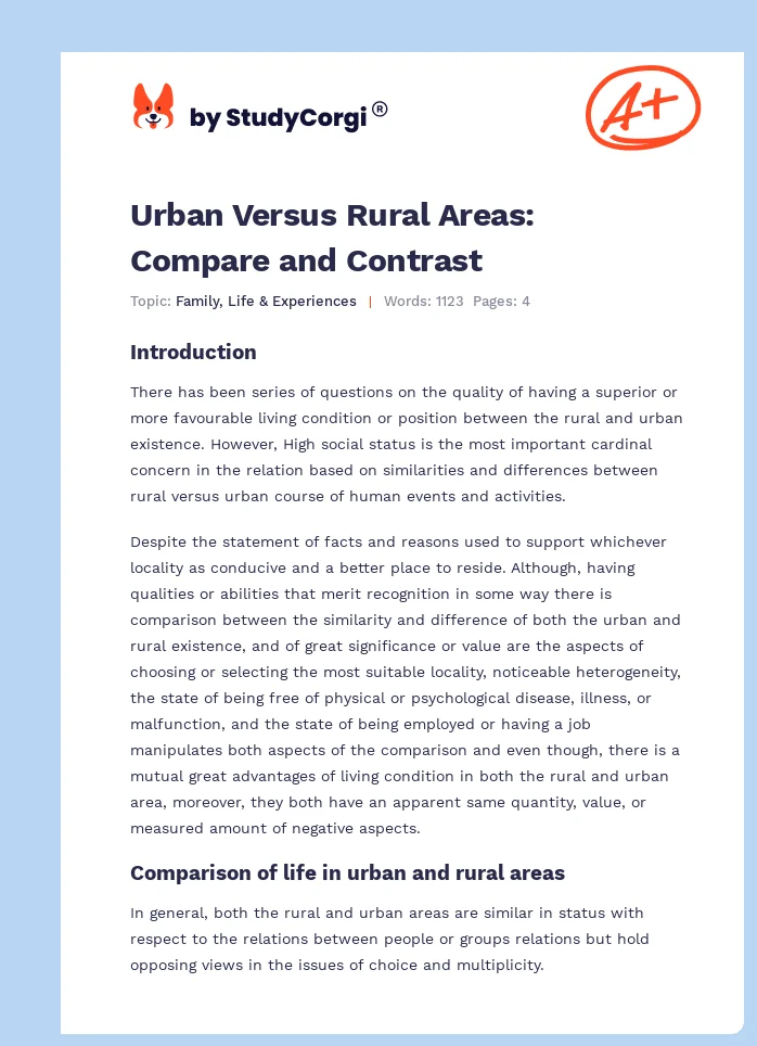 Urban Versus Rural Areas: Compare and Contrast. Page 1