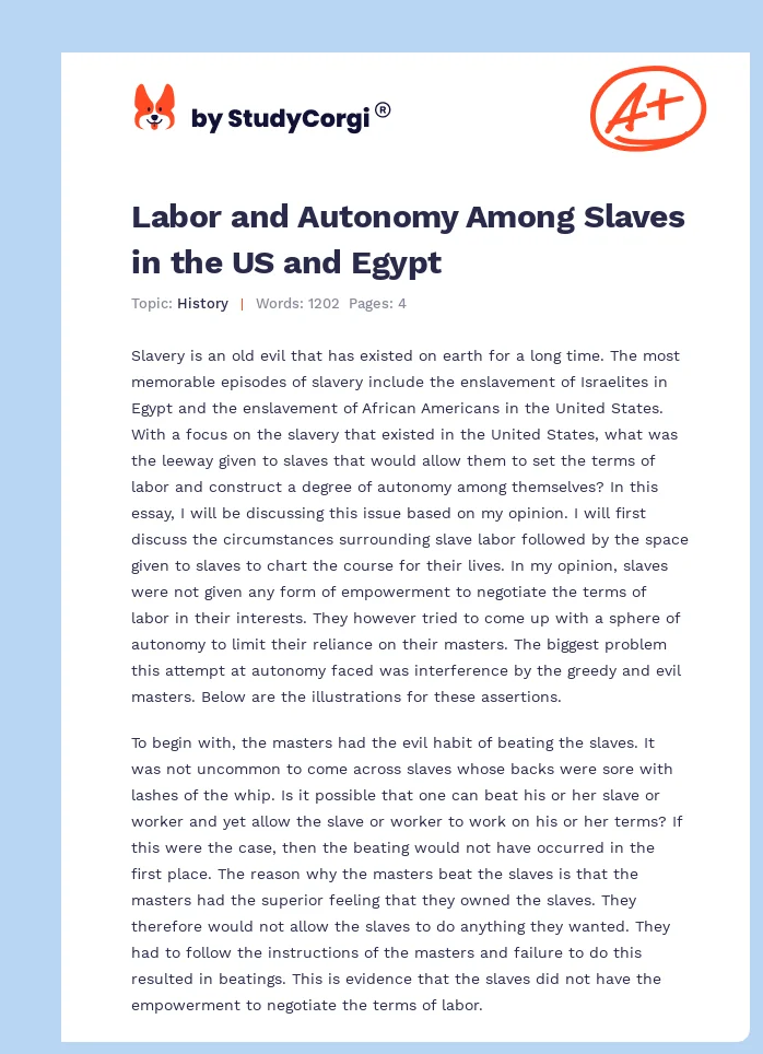 Labor and Autonomy Among Slaves in the US and Egypt. Page 1