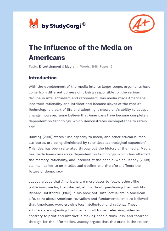 The Influence of the Media on Americans. Page 1