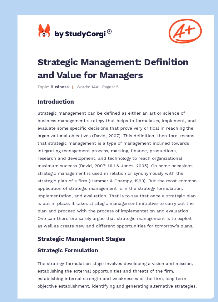 Strategic Management: Definition and Value for Managers. Page 1