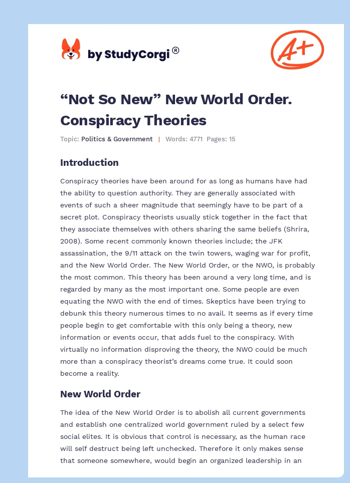 “Not So New” New World Order. Conspiracy Theories. Page 1