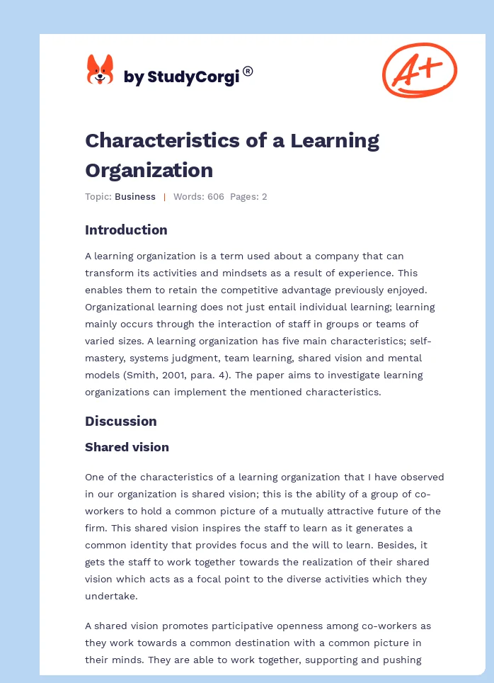 Characteristics of a Learning Organization. Page 1