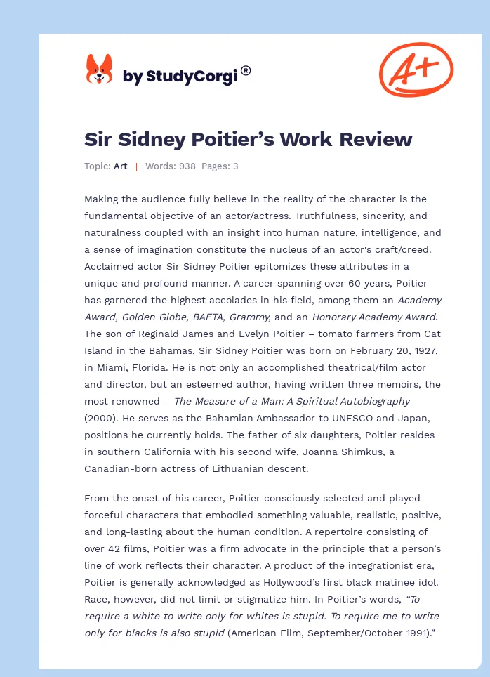 Sir Sidney Poitier’s Work Review. Page 1