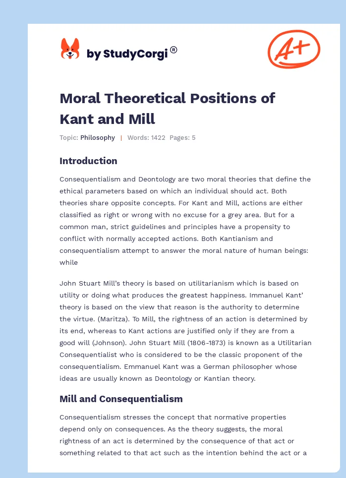 Moral Theoretical Positions of Kant and Mill. Page 1