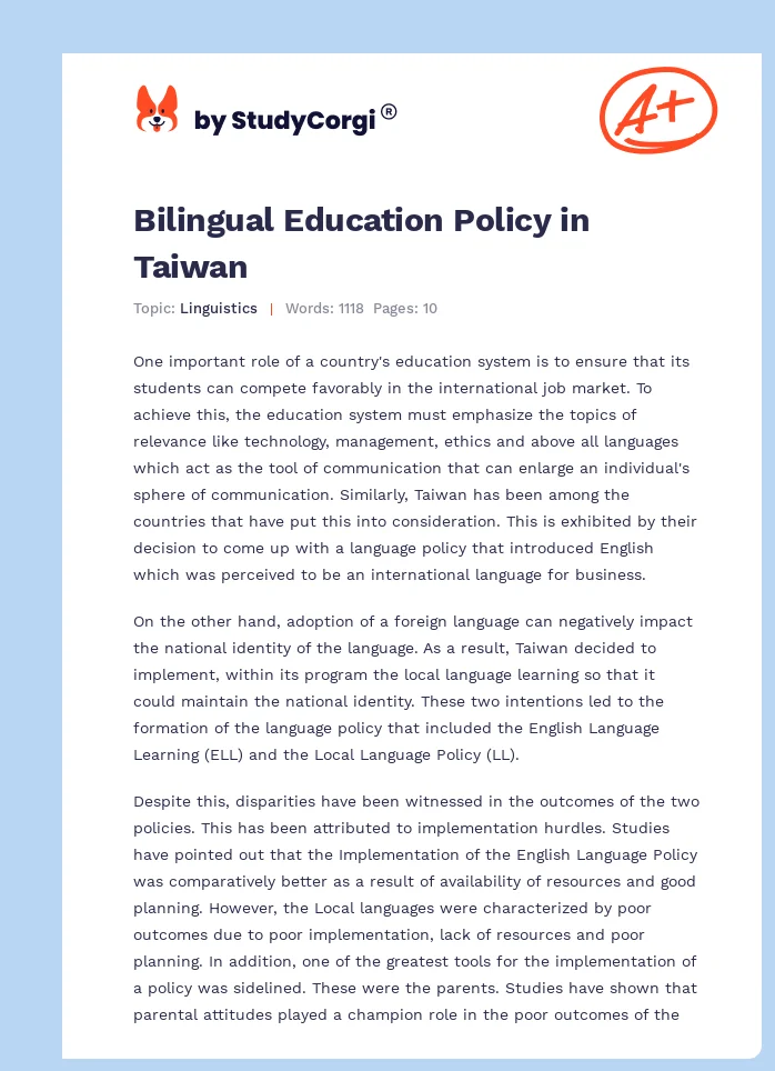Bilingual Education Policy in Taiwan. Page 1