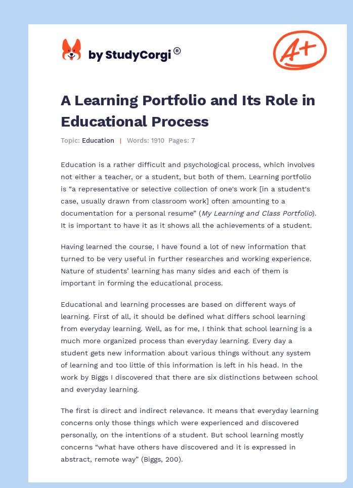 A Learning Portfolio and Its Role in Educational Process. Page 1